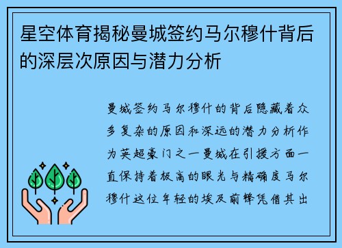 星空体育揭秘曼城签约马尔穆什背后的深层次原因与潜力分析